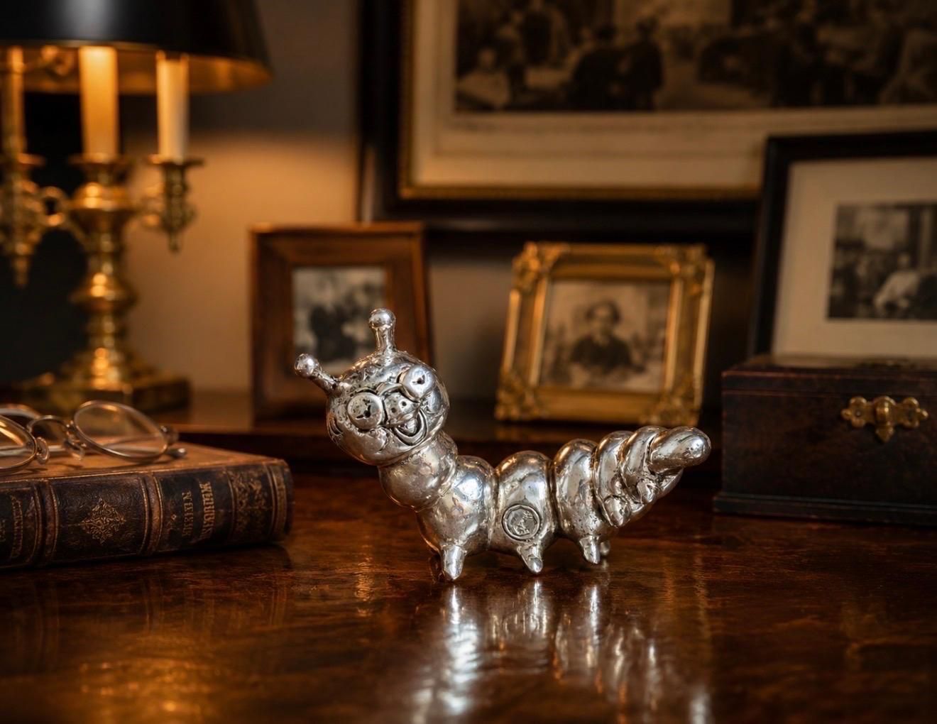Antique Silver Plated Caterpillar, Italian Sculpture Whimsical Decorative Figure photo for sale