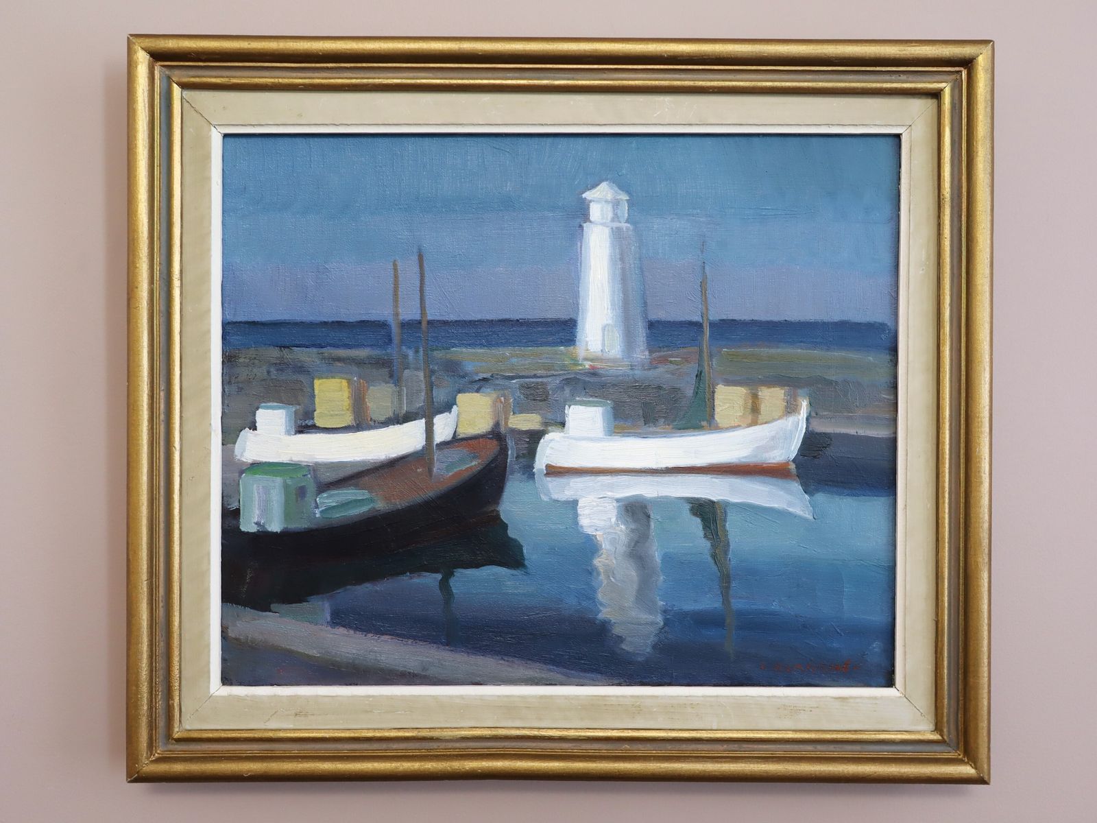 Haventafereel in blauw, olieverfschilderij, midden 20e eeuw