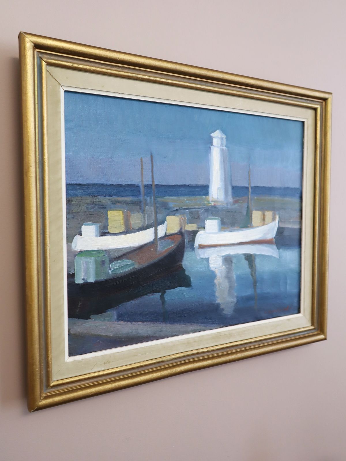 Haventafereel in blauw, olieverfschilderij, midden 20e eeuw photo Kunst