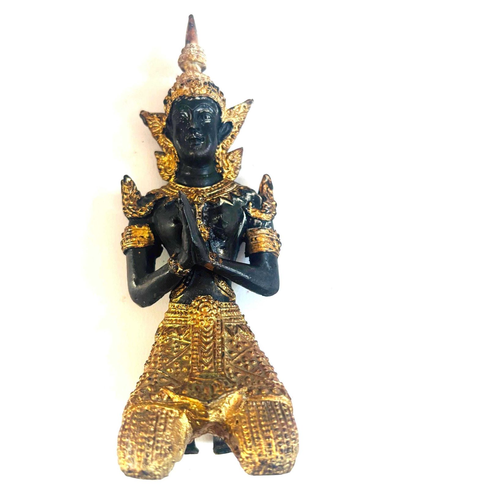Mid Century Thai Gilt Bronze Teppanom Statue   Patinated Black & Gold Temple Guardian