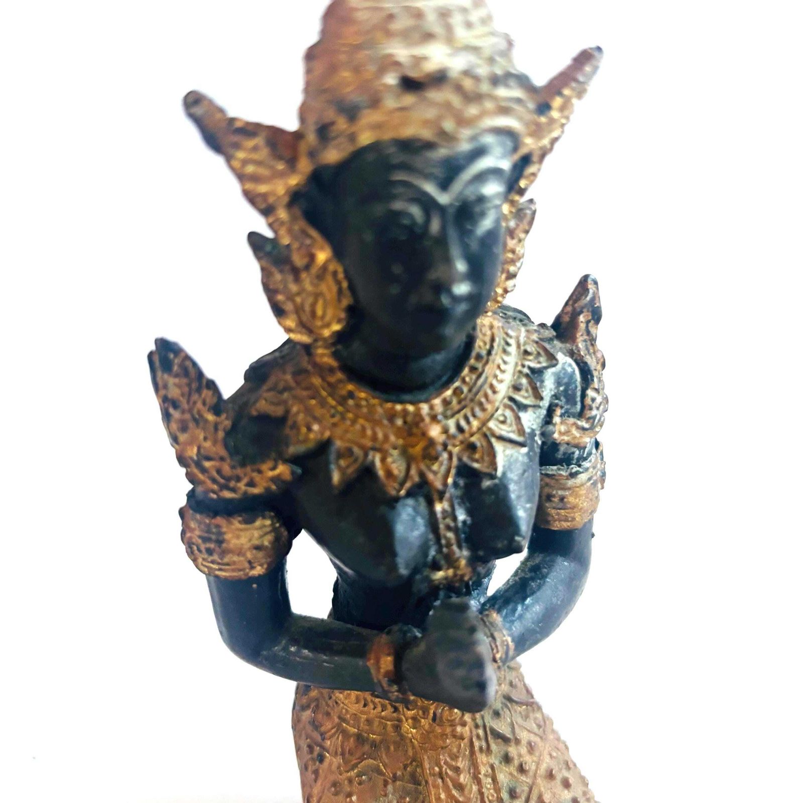 Statue Teppanom thaïlandaise mid-century en bronze doré, patinée noir et or, gardienne de temple photo Art