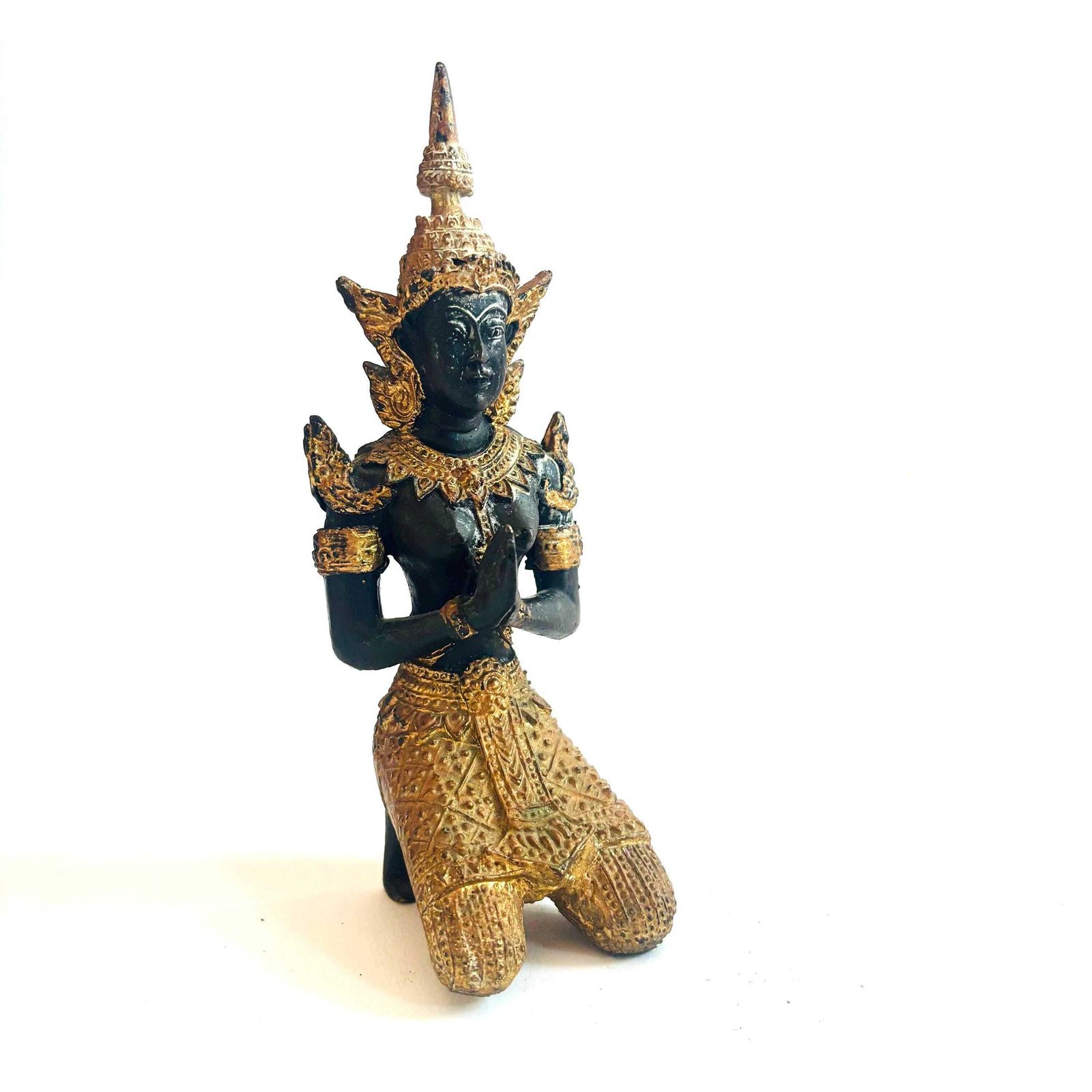 145.0 Mid Century Thai Gilt Bronze Teppanom Statue   Patinated Black & Gold Temple Guardian photo