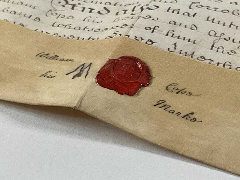 1768 Georgisch hypotheekakte document - Doniston, Staffordshire eigendomsakte met rood wassiegel en zeldzame "his mark" handtekening