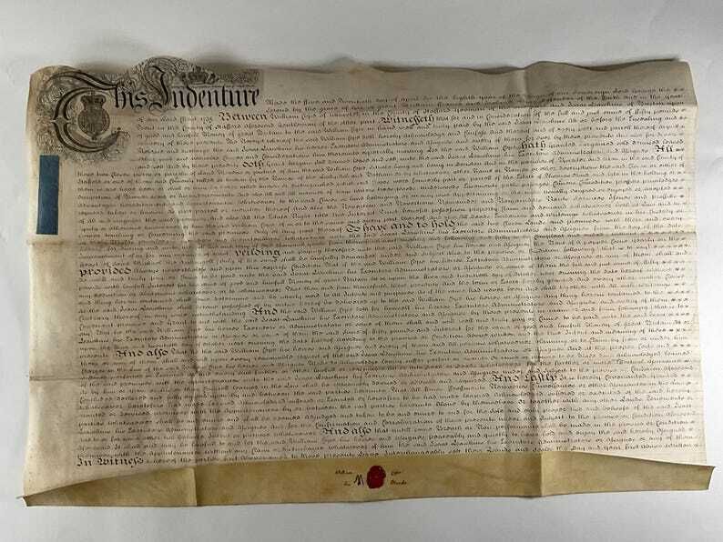 1768 Georgisch hypotheekakte document - Doniston, Staffordshire eigendomsakte met rood wassiegel en zeldzame "his mark" handtekening photo for sale