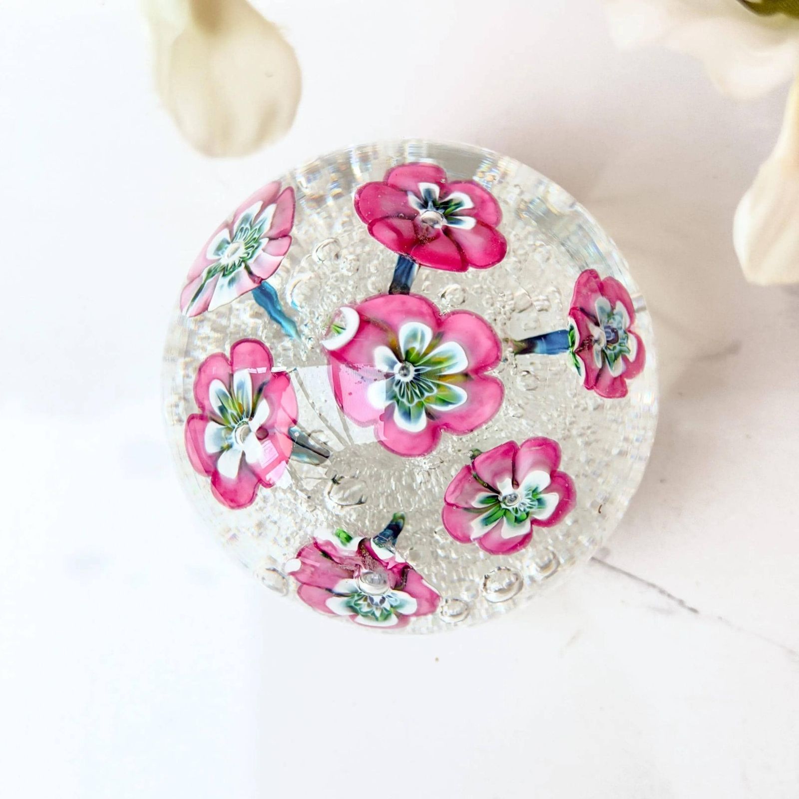 Vintage Murano Magnum Glazen Presse-papier Roze Lampwork Bloemen