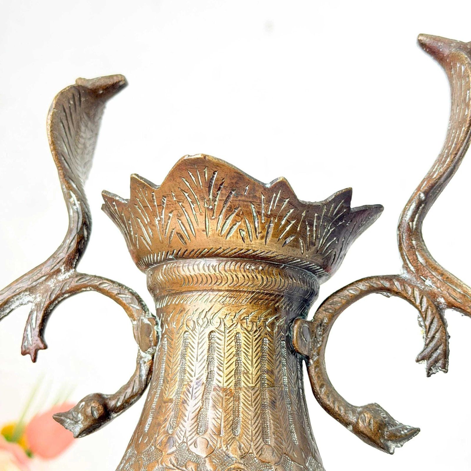 73.0 Antique Indian Brass Twin Cobra Handle Engraved Vase Late 19th Century photo
