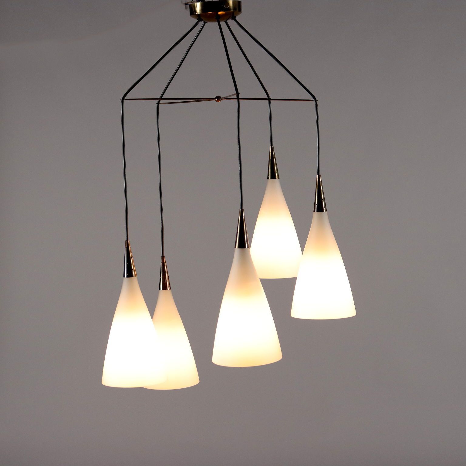 Vintage Plafondlamp ca. jaren 1960, Messing, Opaalglasverlichting