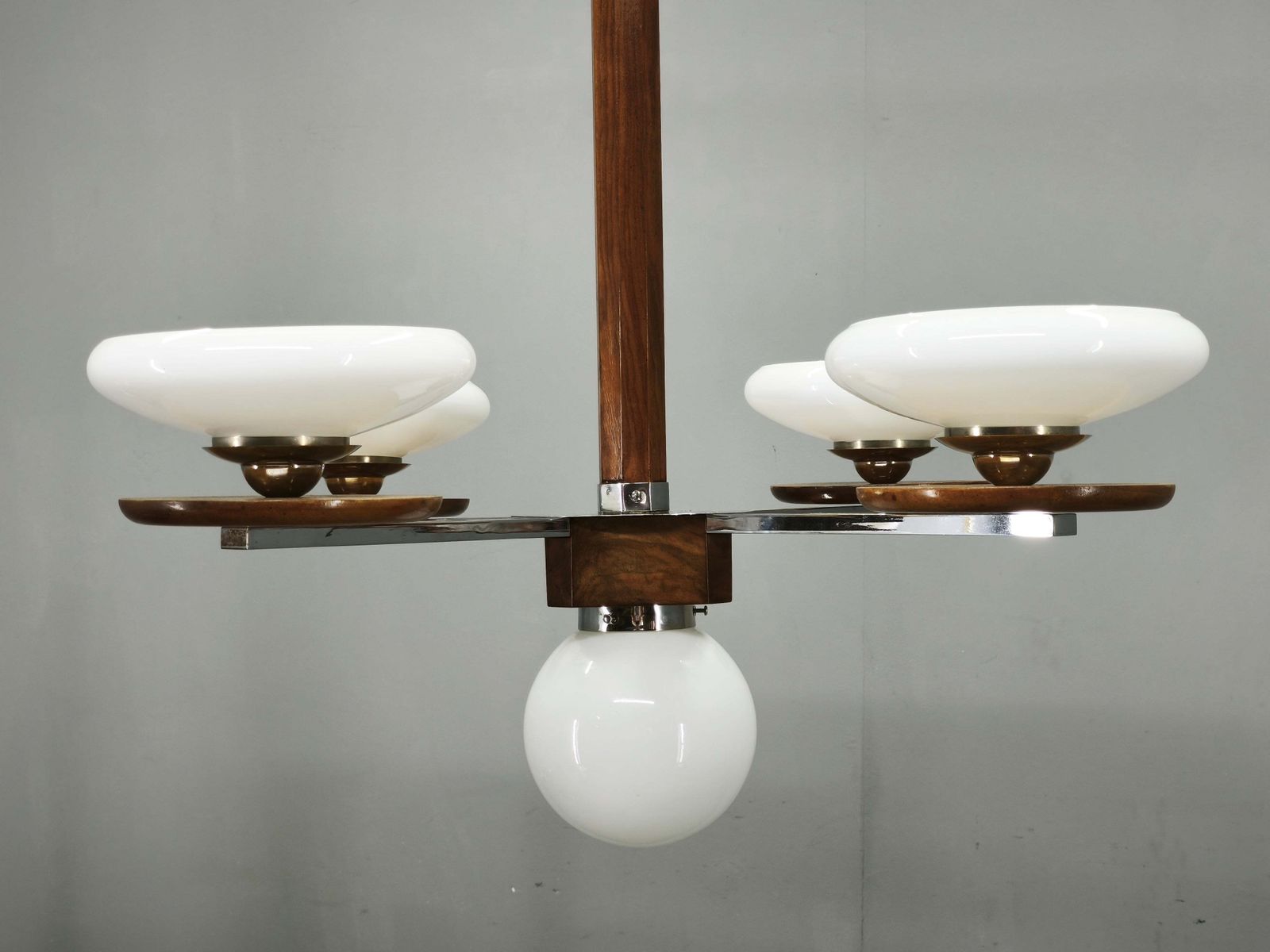 Tsjechische art deco hanglamp van walnoot, chroom en opalineglas, jaren 1930 photo 2213.0