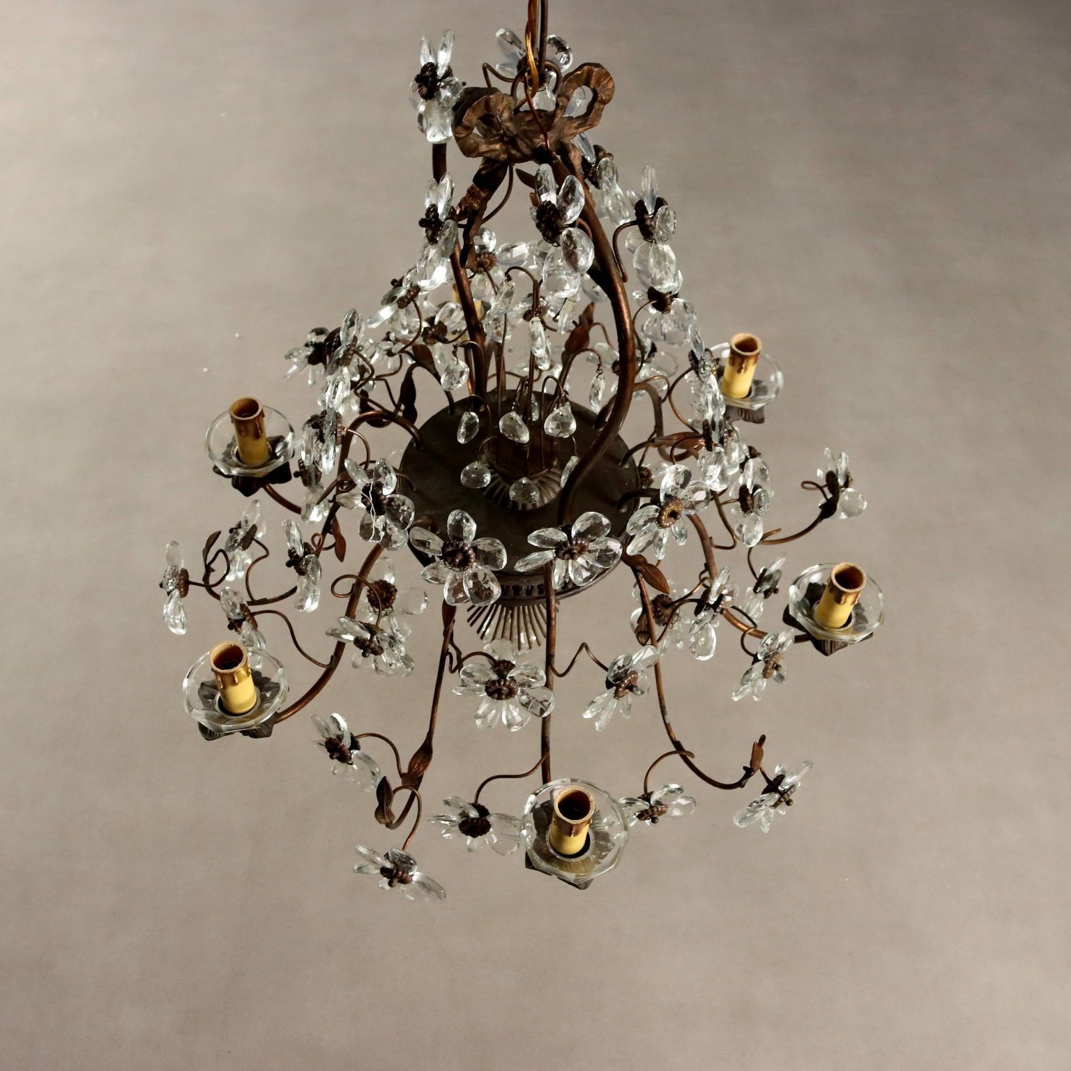 Lustre en métal finition cuivre et verre, six lumières photo vintage