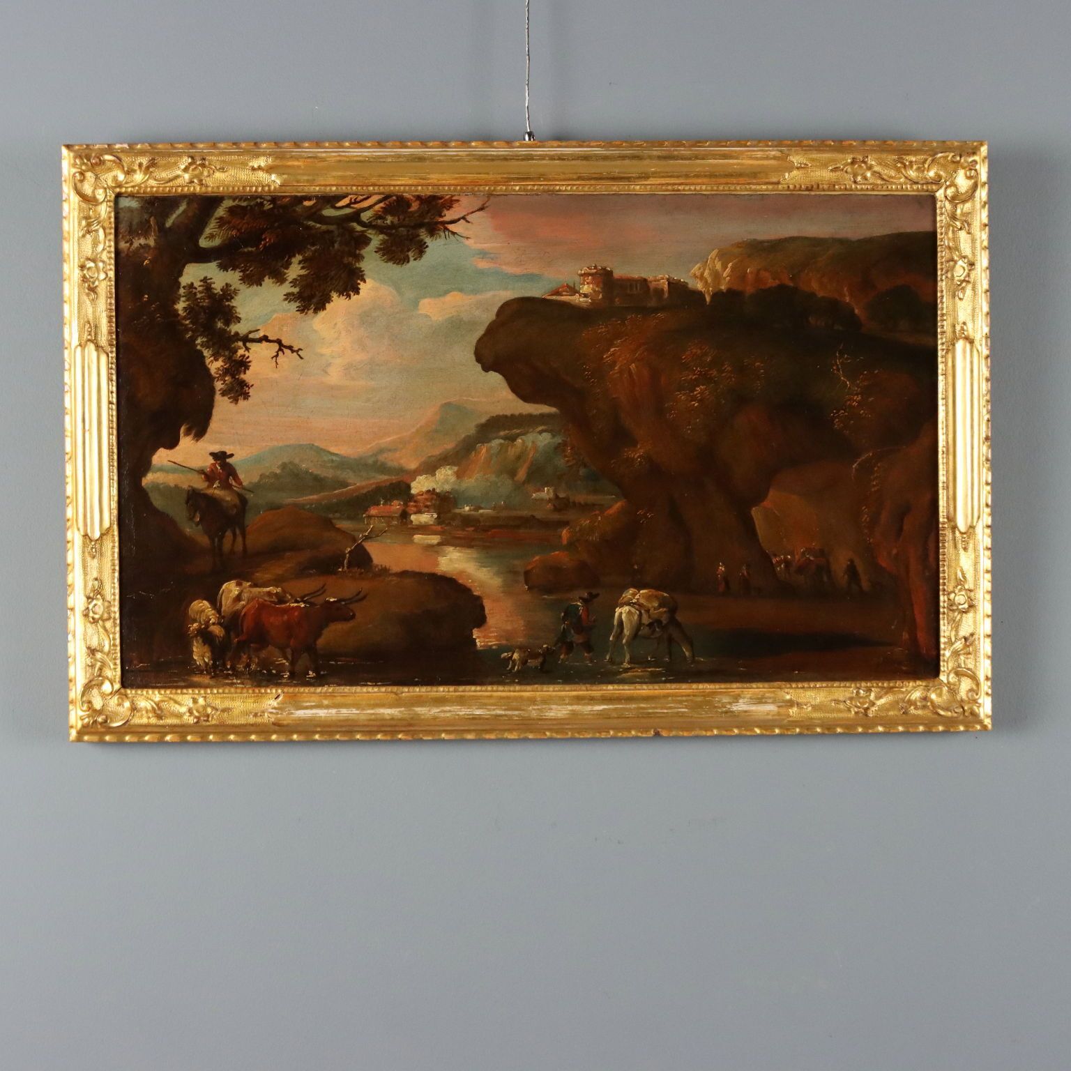 Tableau d'époque, paysage avec bergers, huile sur toile, XVIIe siècle