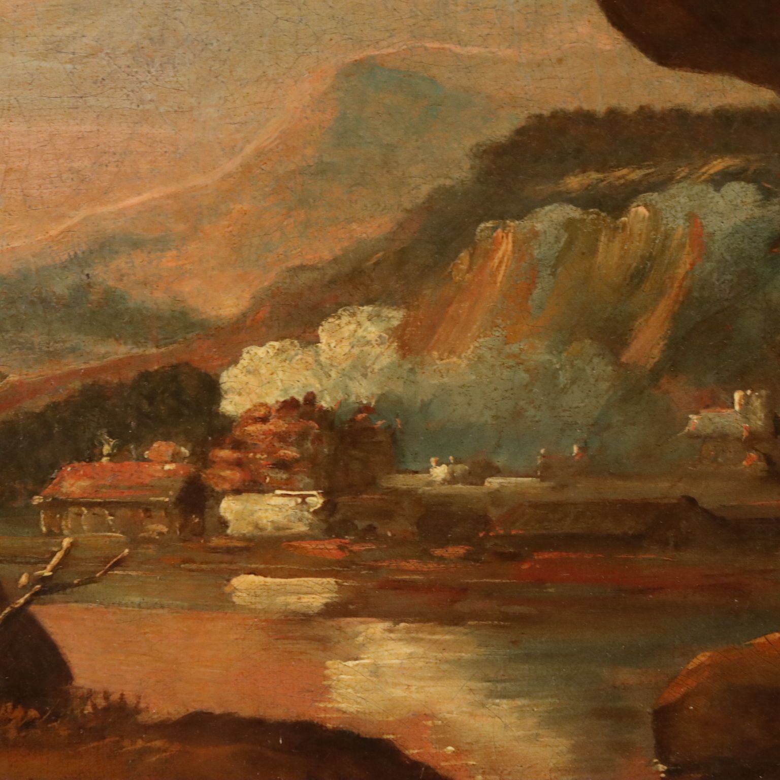 Antiek schilderij landschap met herders olieverf op doek 17e eeuw photo vintage