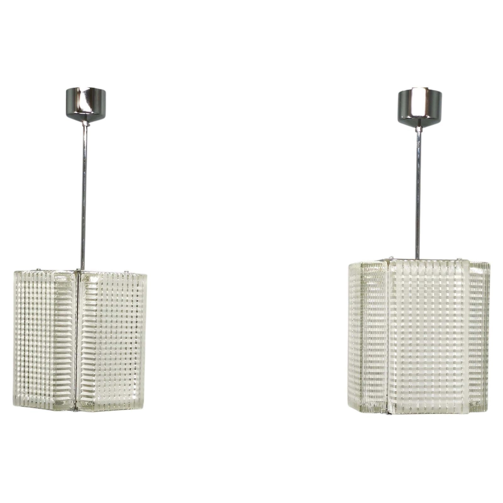 Paire de suspensions Napako en chrome et verre texturé, années 1970