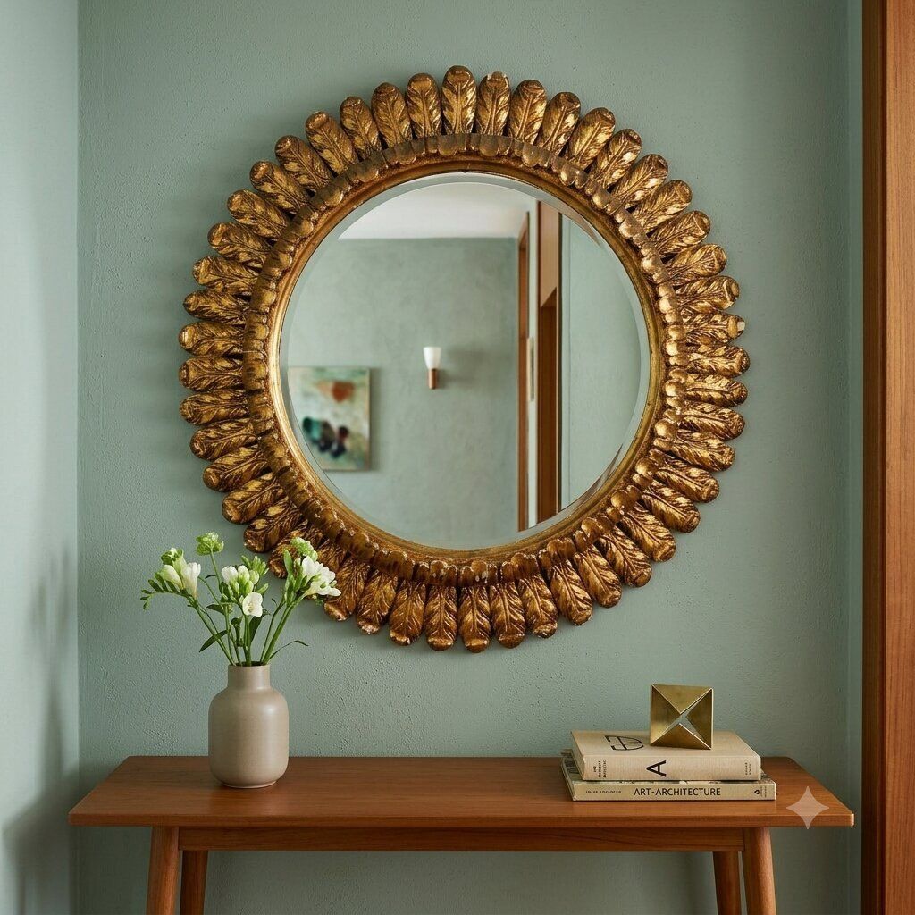 Antieke ronde spiegel, gesneden hout, Italië, begin 20e eeuw photo furniture
