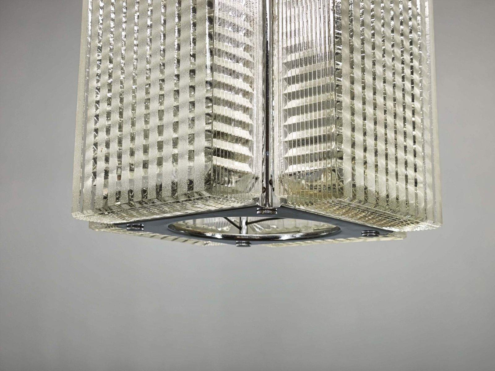 photo for sale Pair Of Napako Chrome And Textured Glass Pendant Lights, 1970s