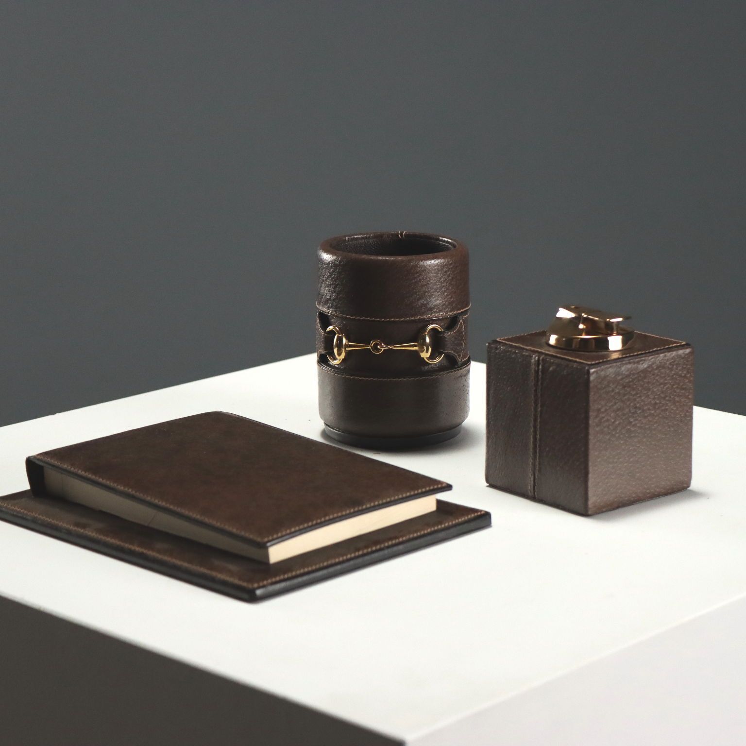 Gucci Desk Set Leather Brass Design 1970s 1980s