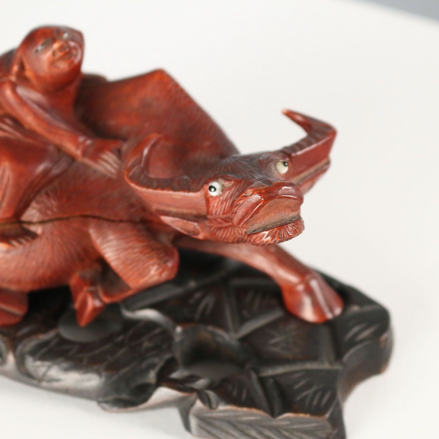 Antique Sculpture Child And Water Buffalo Wood China XX Century photo for sale