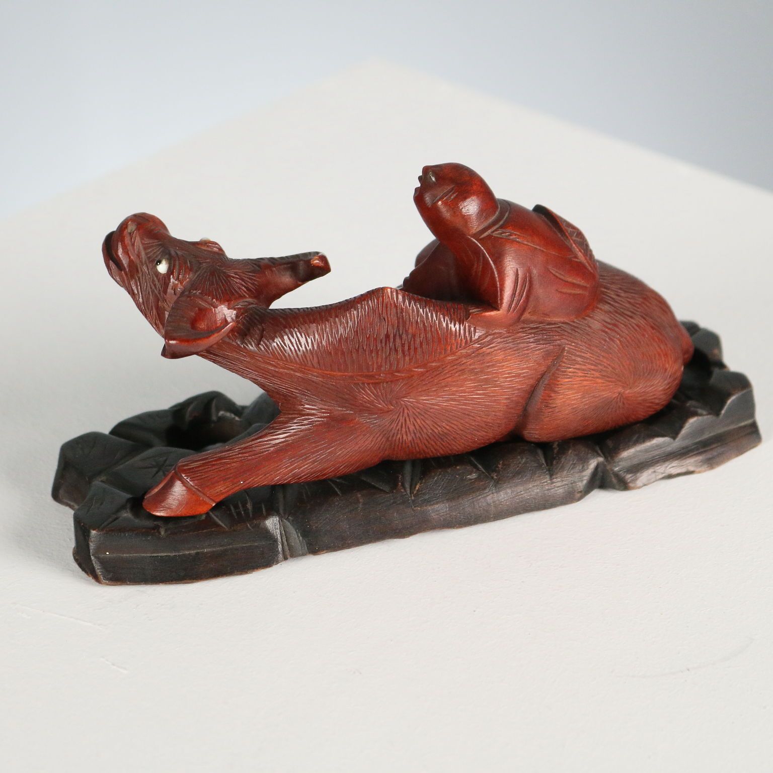 Antique Sculpture Child And Water Buffalo Wood China XX Century photo Home Decor