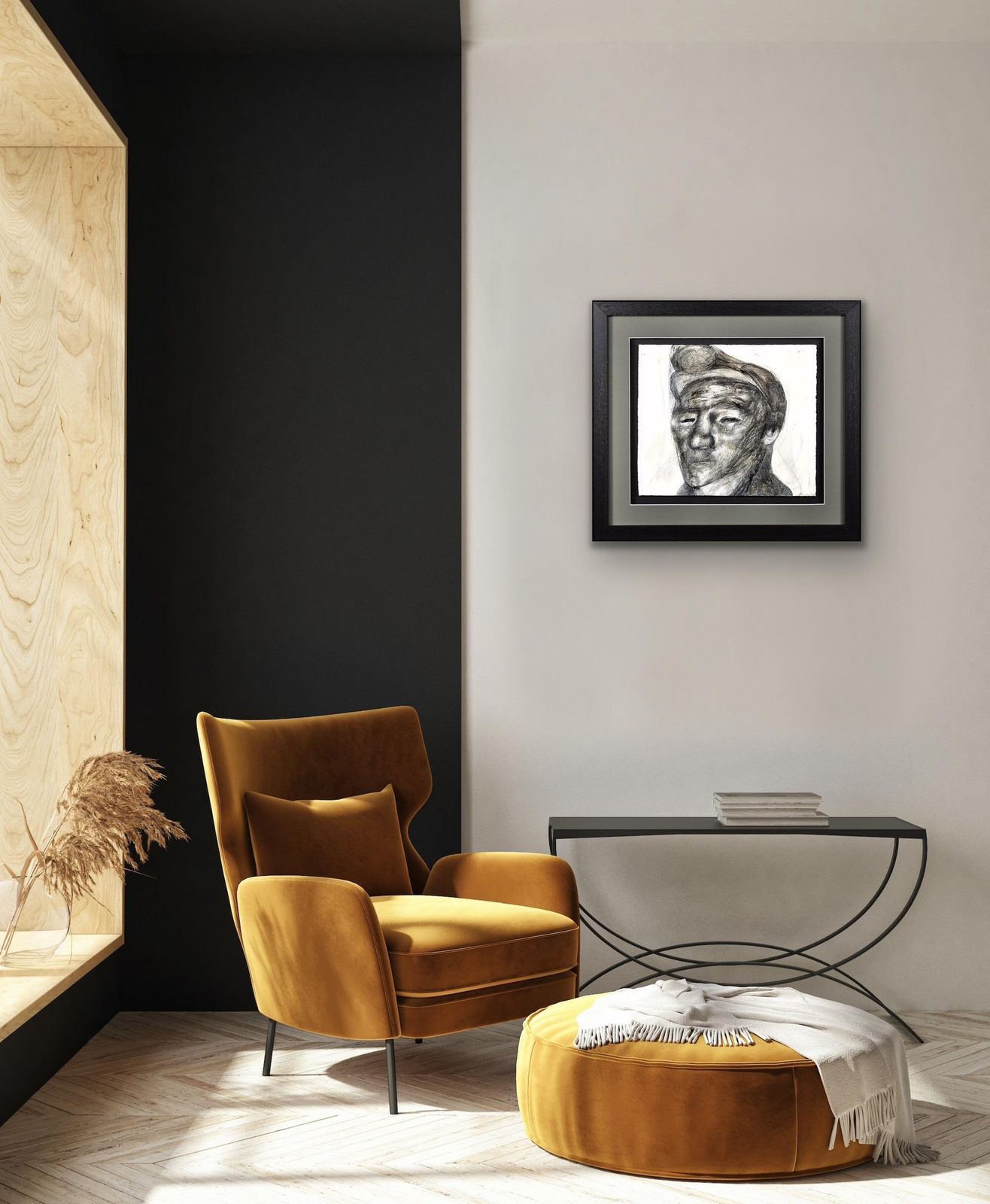 Jack Crabtree, geb. 1938. Welshe mijnwerker. Mixed media. Ingelijst sociaal-realistisch kunstwerk, jaren 1970. Steenkoolmijnbouw in Zuid-Wales. Modern Brits, 20e eeuw. photo 2495.0