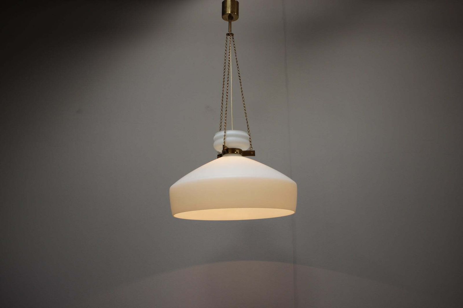 photo furniture 1970s Czechoslovak Mid Century Modern Pendant Lamp In Opaline Milk Glass And Bra