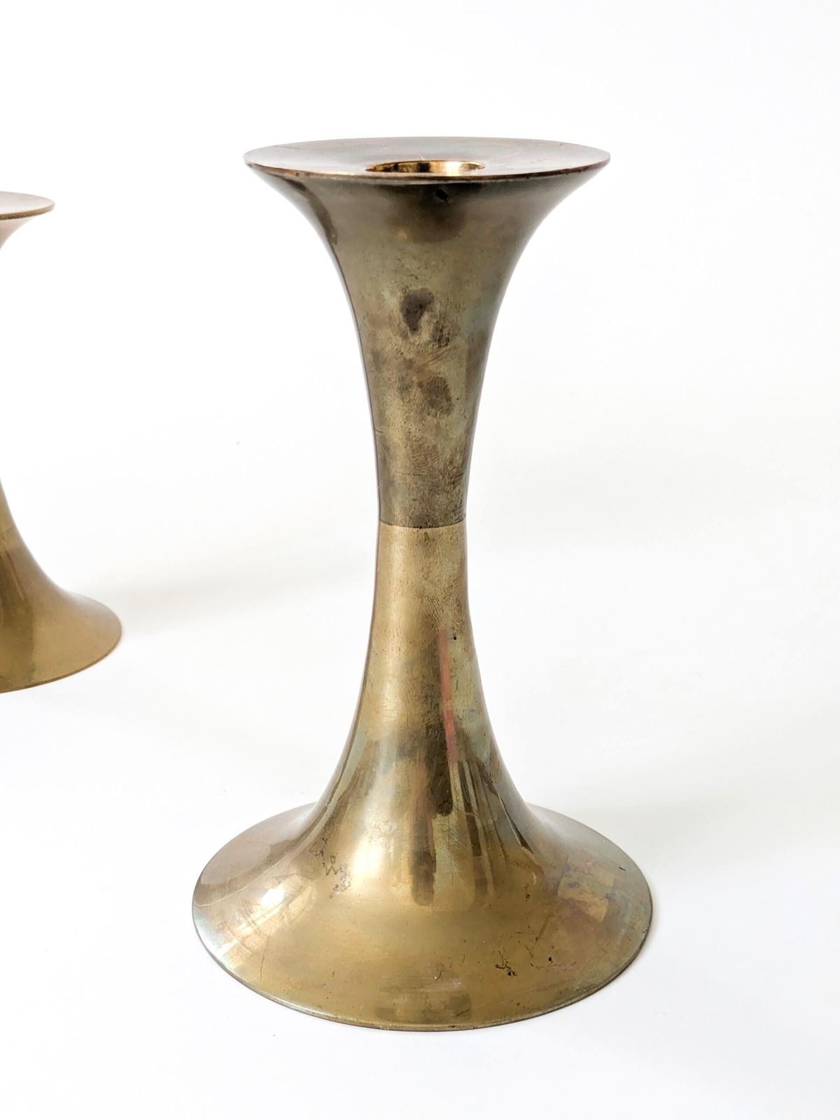 photo for sale Vintage Brass Trumpet Candlestick Holders Pair Midcentury Modern Table Centerpiece Or Console Decor