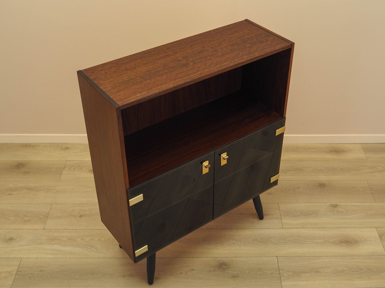 Danish Display Cabinet In Contrasting Veneer With Glass Doors And Black Tapered Legs, 1970s photo vinterior