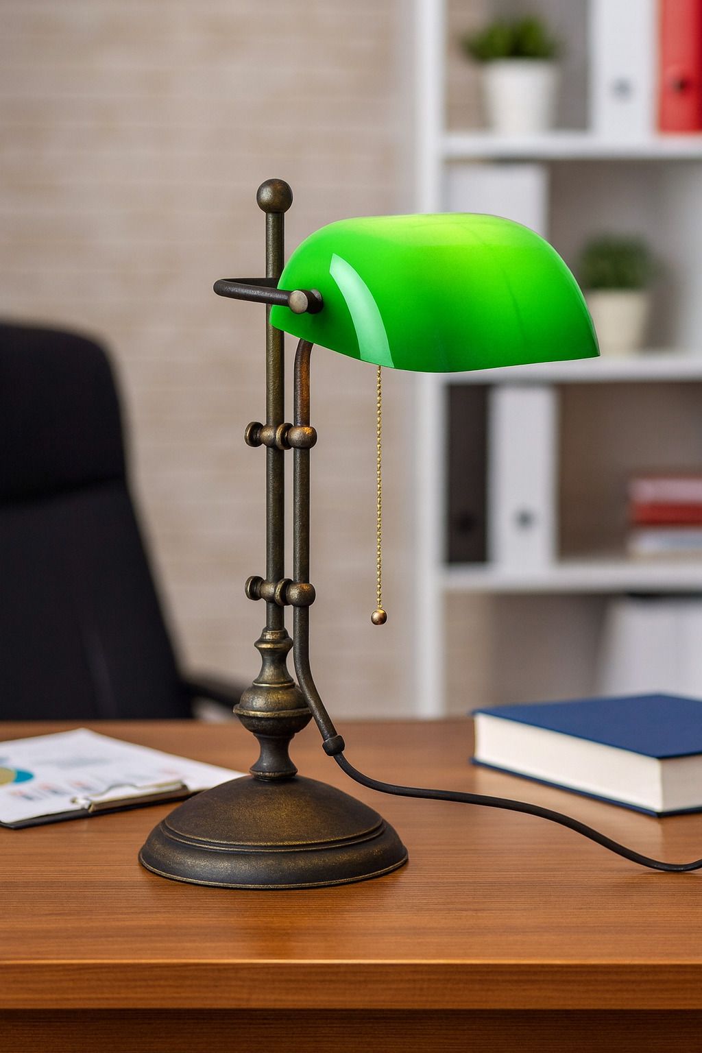 Klassieke Banker's Lamp in 1930s Stijl met Messing Voet en Groene Glazen Kap