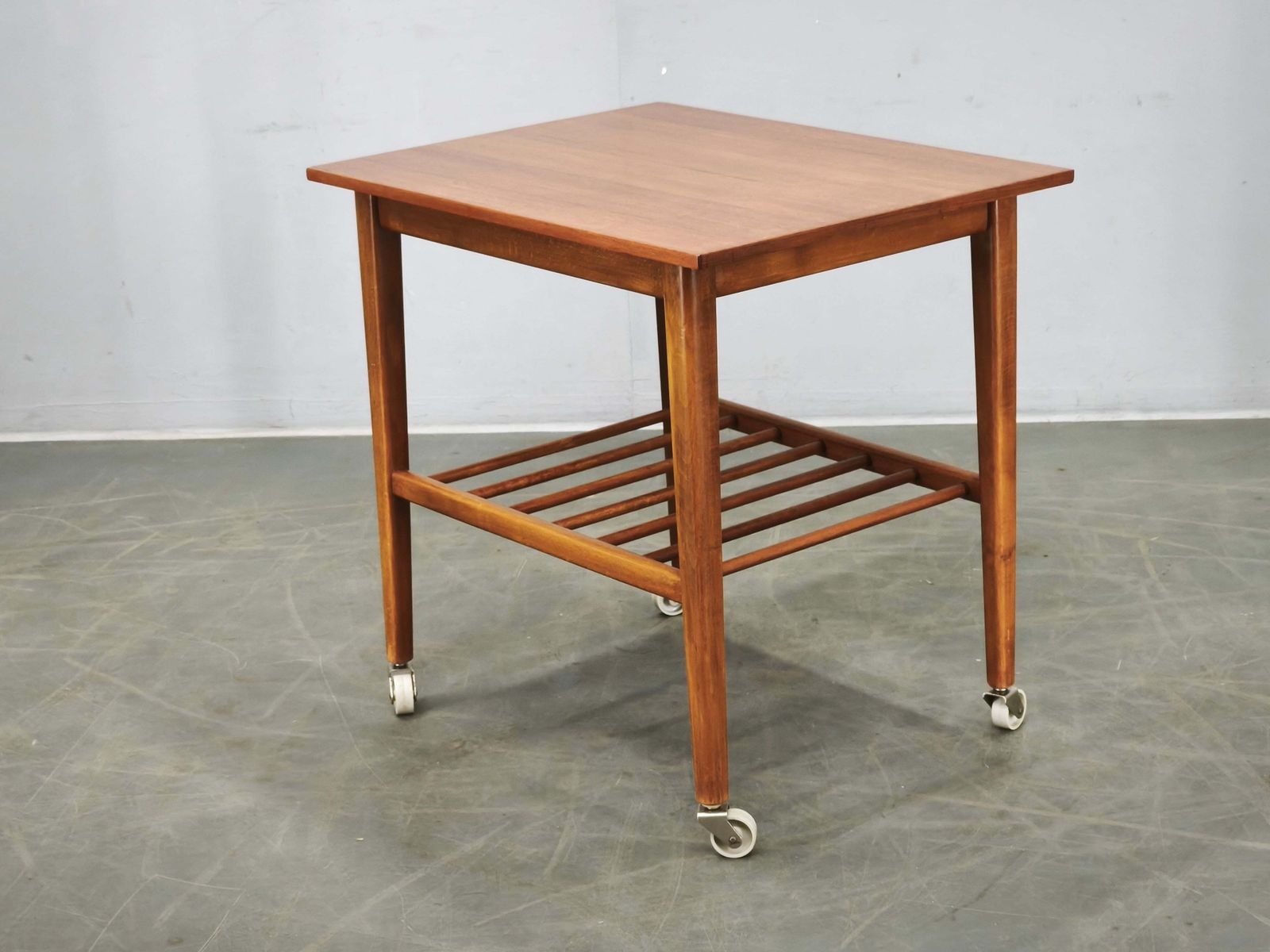 1960s Danish Modern Teak Serving Trolley Side Table On Wheels photo vintage