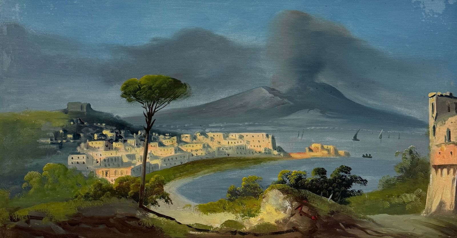 Daytime View Of Mount Vesuvius Smoking Bay Of Naples Antique Oil Landscape