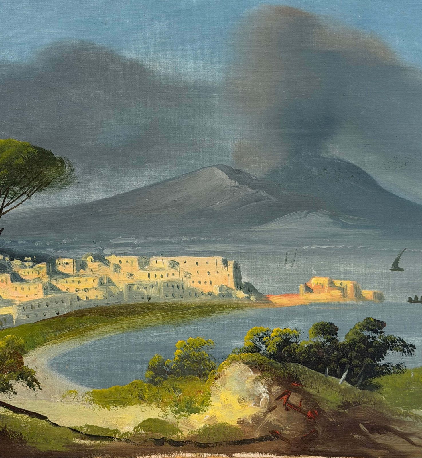 Daytime View Of Mount Vesuvius Smoking Bay Of Naples Antique Oil Landscape photo vinterior