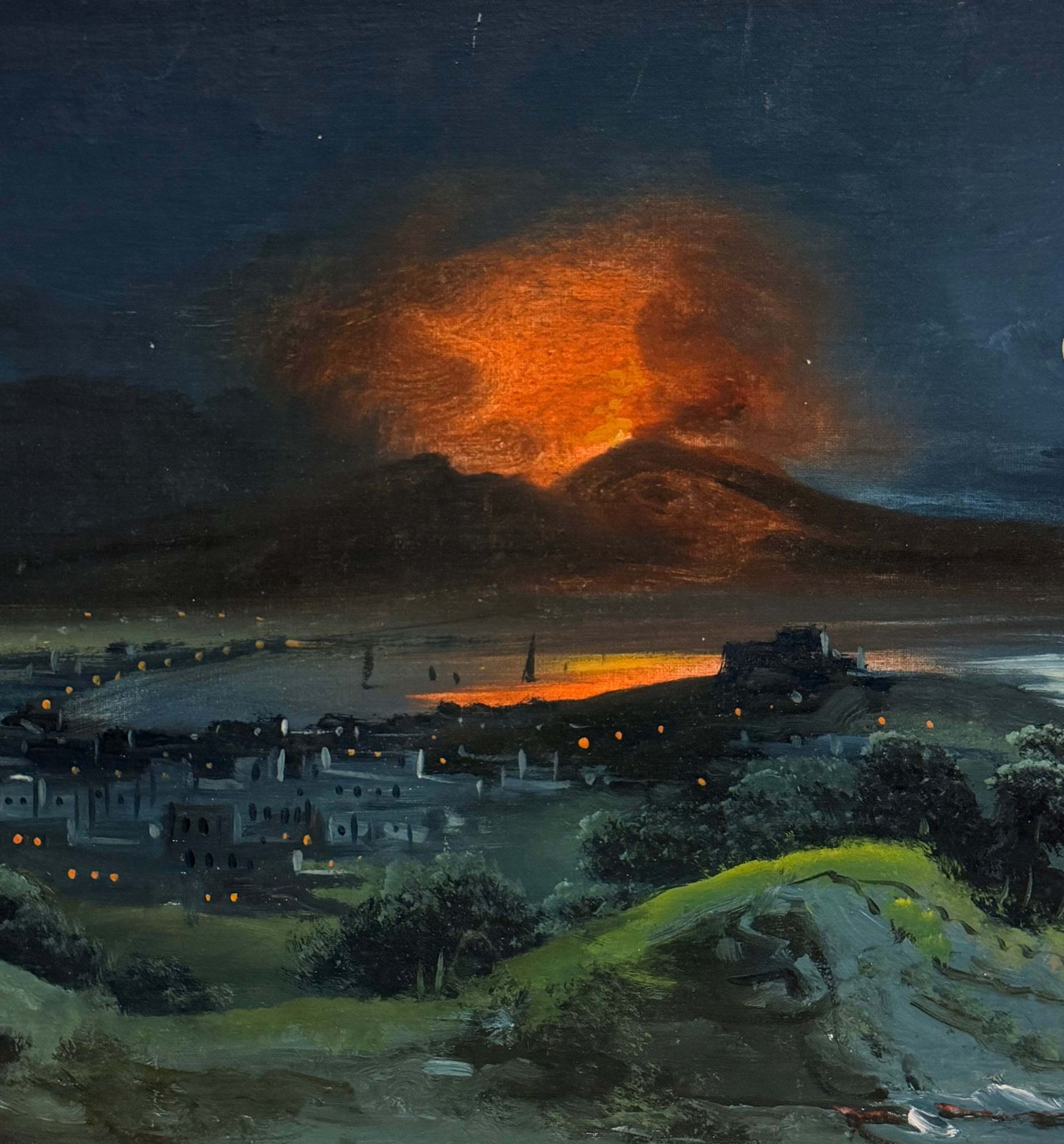 Moonlit Eruption Of Mount Vesuvius Over The Bay Of Naples Antique Oil Landscape photo Art