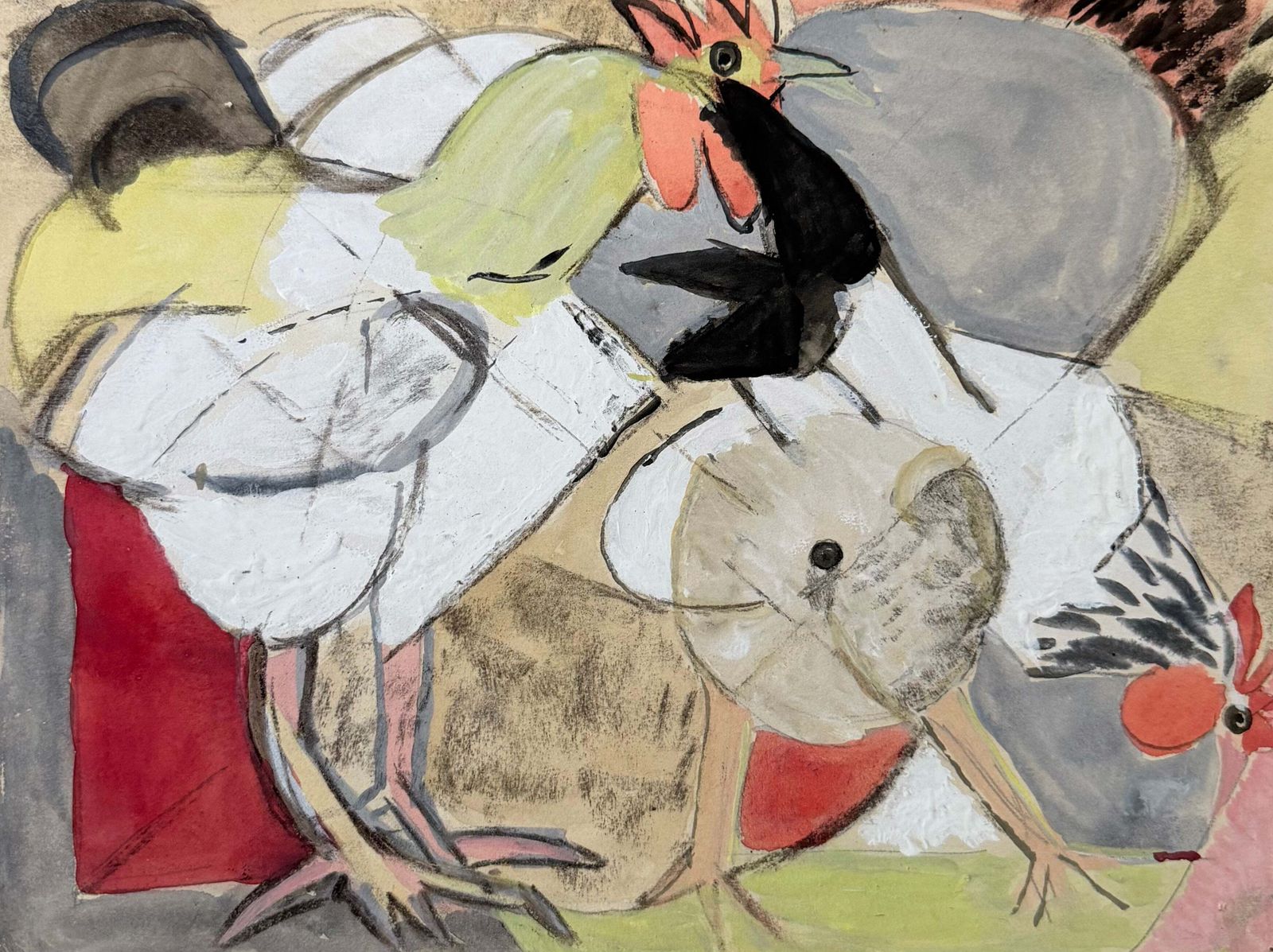 Farmyard Chickens French Modernist Cubist Animal Study Gouache Painting