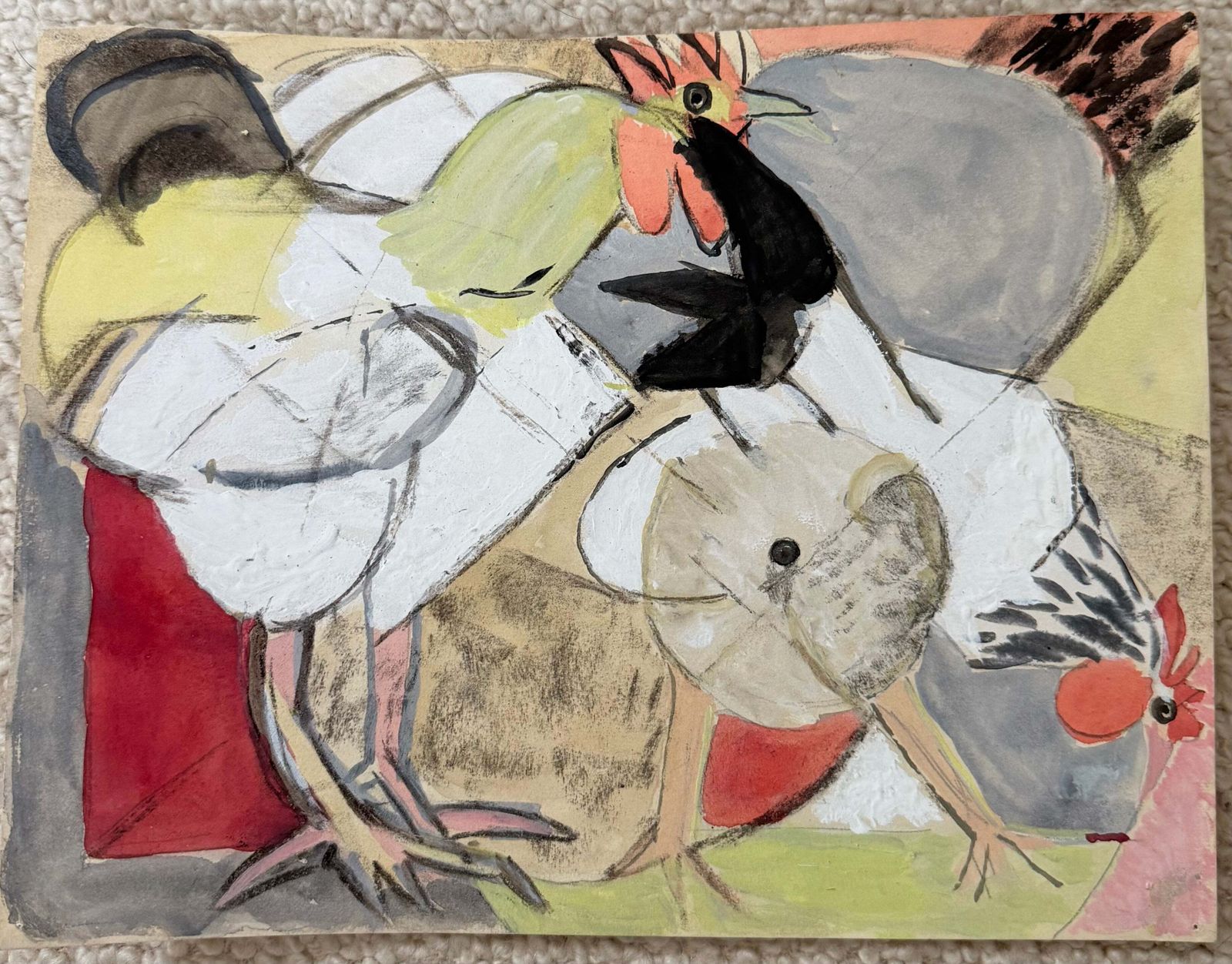 Poulets de basse-cour, étude animalière cubiste moderniste française, gouache photo furniture