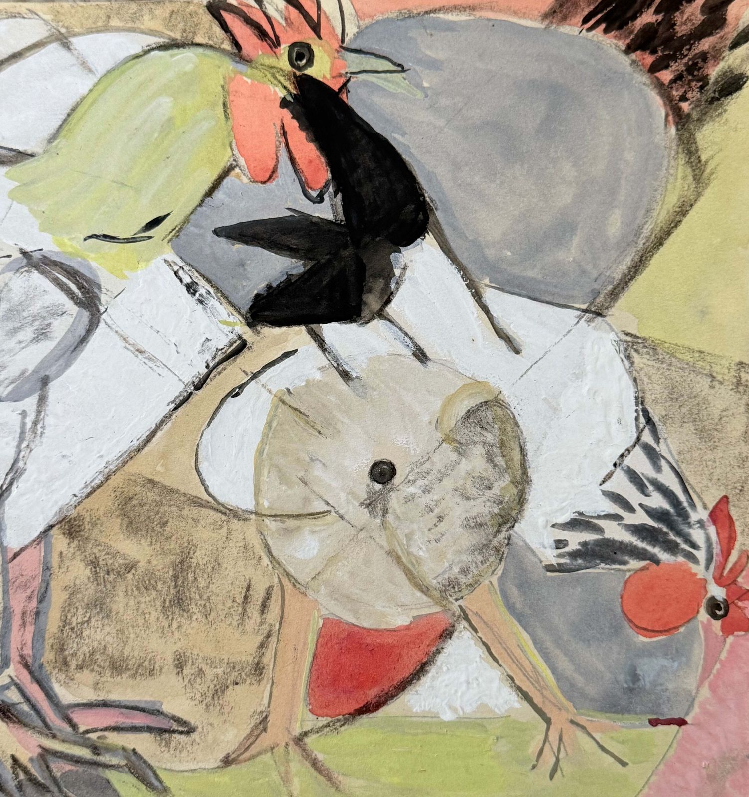 Poulets de basse-cour, étude animalière cubiste moderniste française, gouache photo for sale