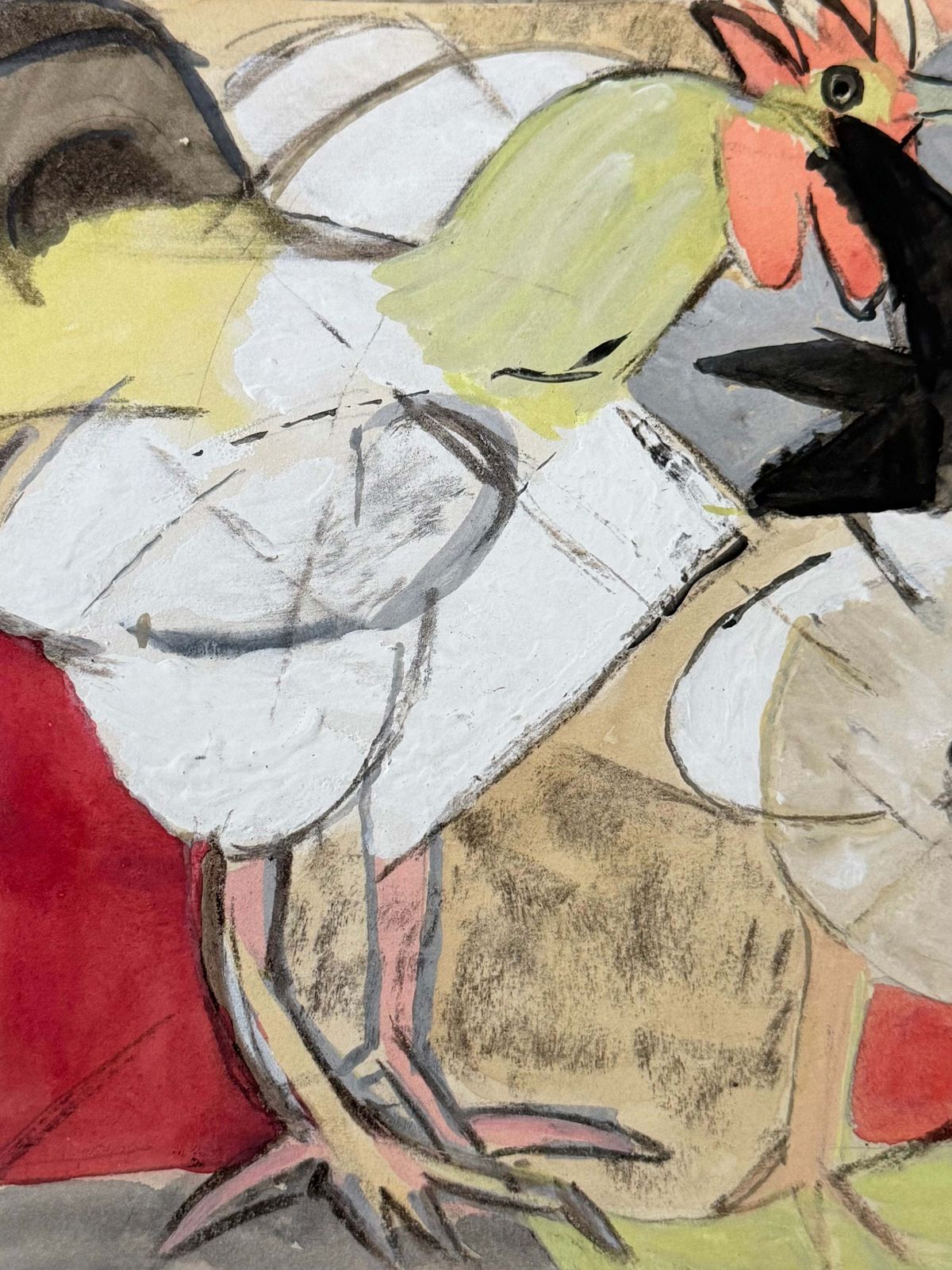 Poulets de basse-cour, étude animalière cubiste moderniste française, gouache photo Art