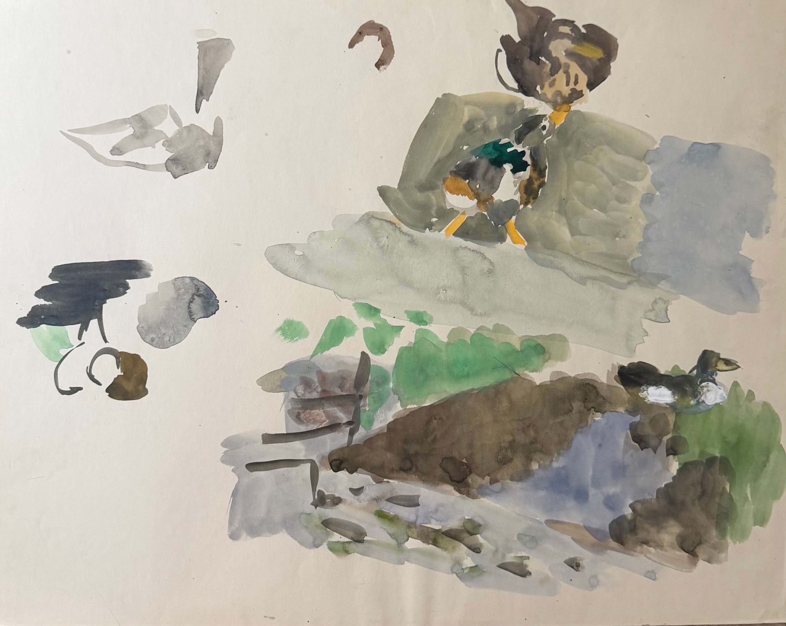 Ducks By A Pond French Modernist Animal Study Gouache 1950's Painting