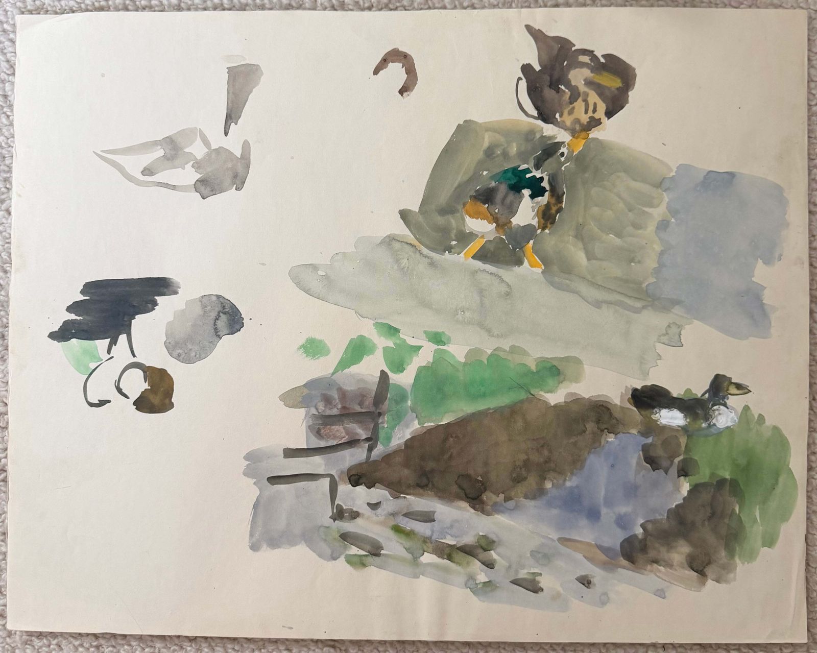 Ducks By A Pond French Modernist Animal Study Gouache 1950's Painting photo furniture