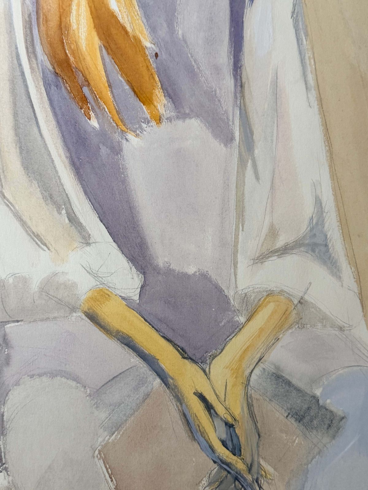 Seated Woman With Long Hair In Purple French Modernist Portrait Gouache & Pencil photo 535.0
