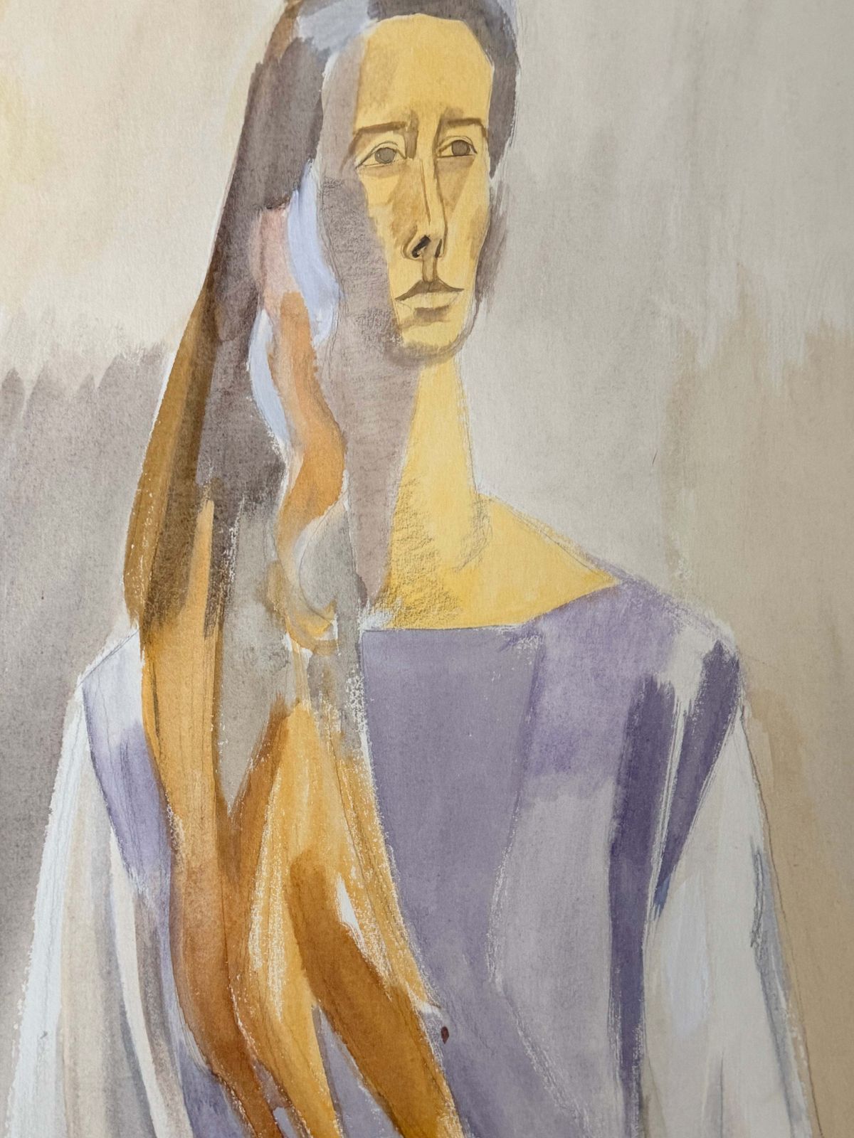 Femme assise aux longs cheveux, portrait moderniste français, gouache et crayon photo vinterior