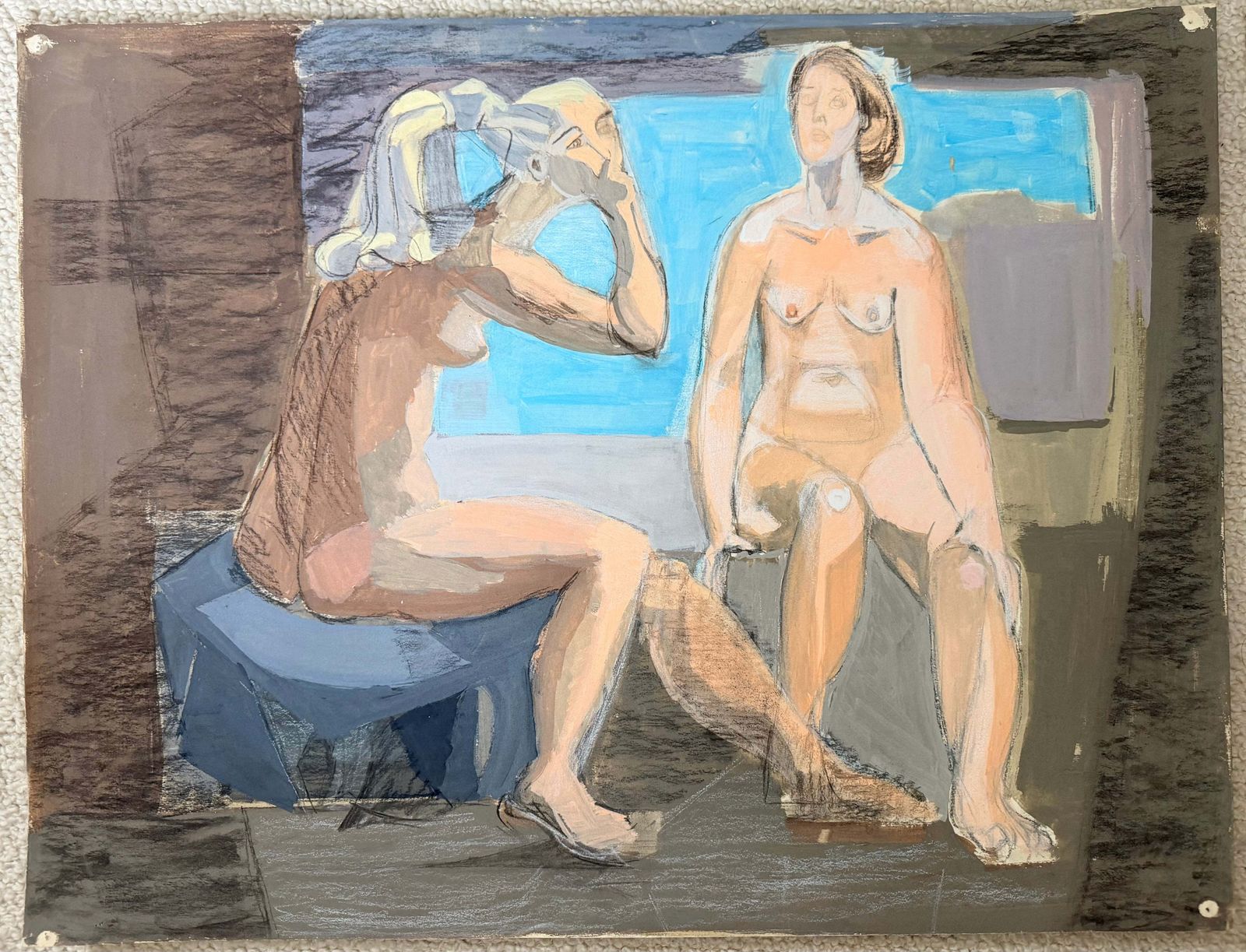 Two Female Nudes Gossiping French Modernist Figurative Gouache & Pencil Painting photo furniture