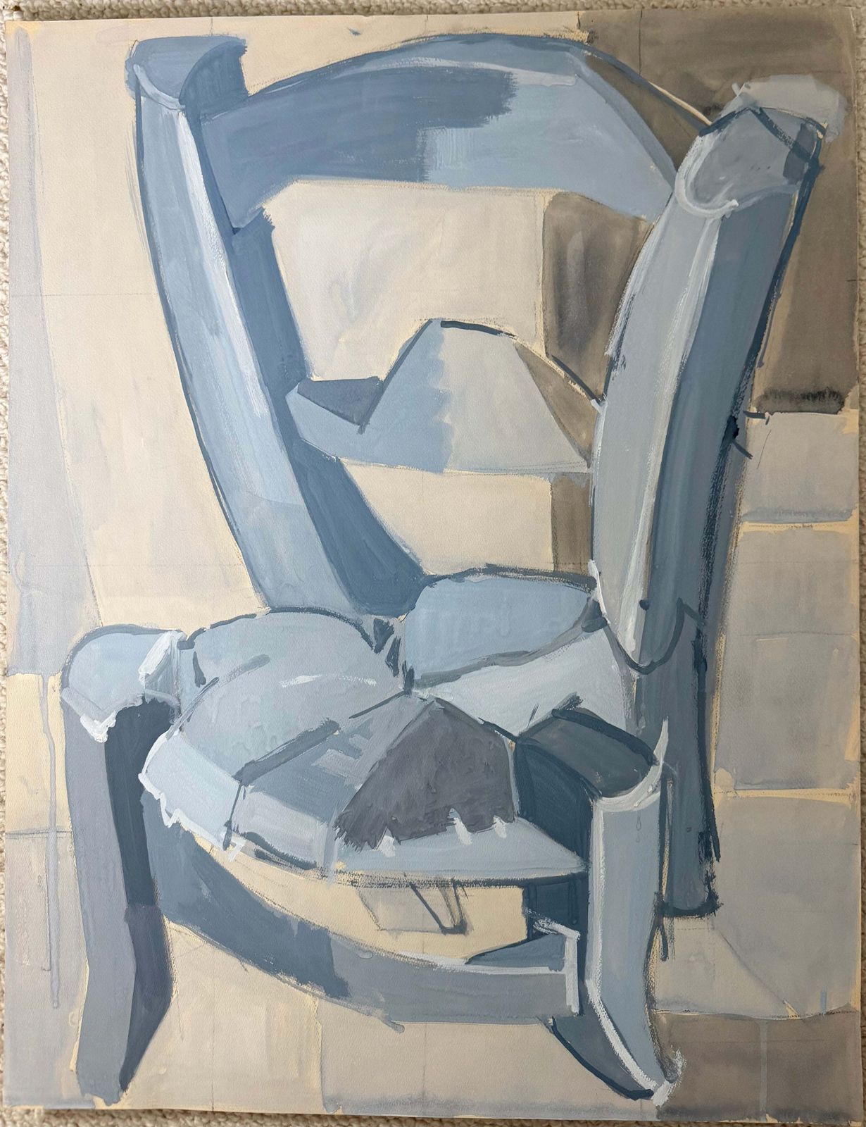 Fauteuil bleu, intérieur moderniste cubiste français, gouache, années 1950 photo furniture