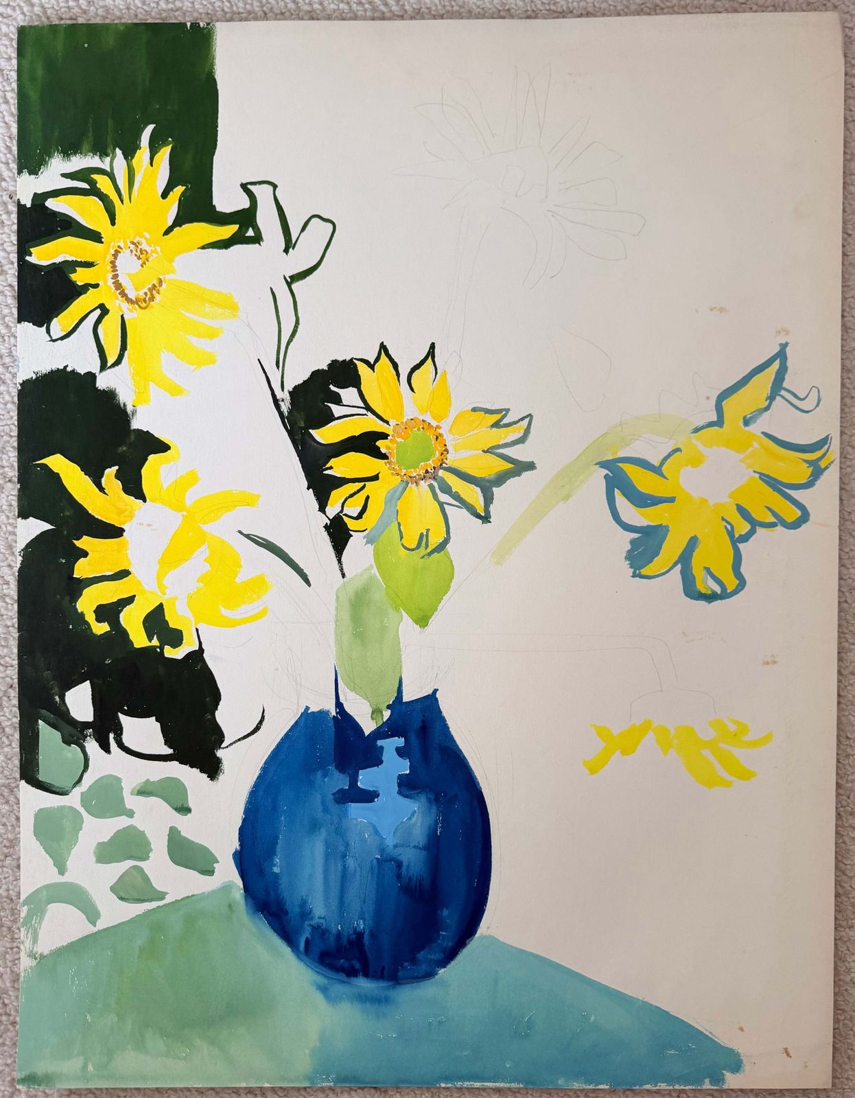 Sunflowers In A Blue Vase French Modernist Floral Still Life Gouache Painting photo furniture