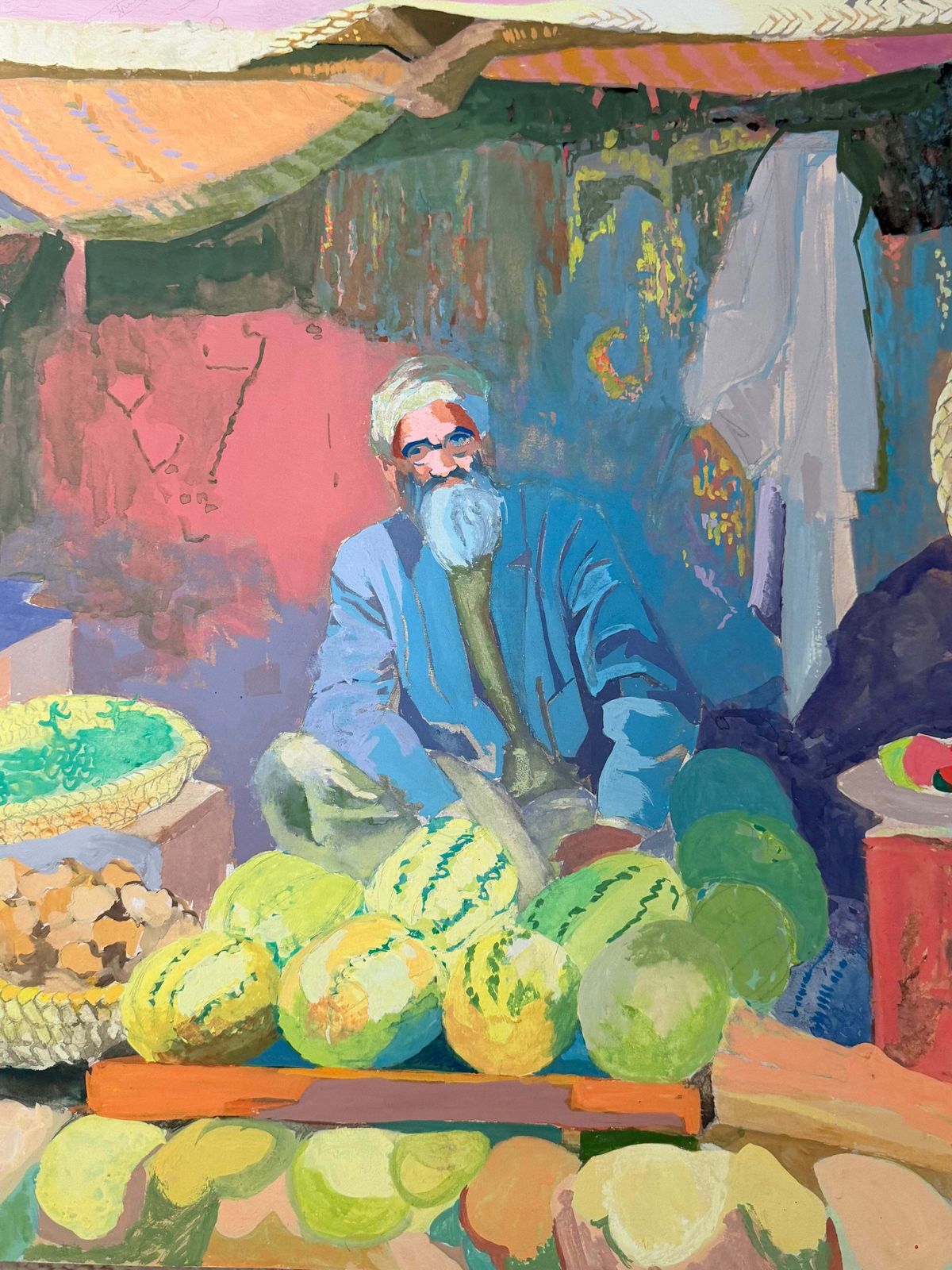 Vendeur de pastèques au marché marocain, gouache moderniste française, années 1950 photo 607.0