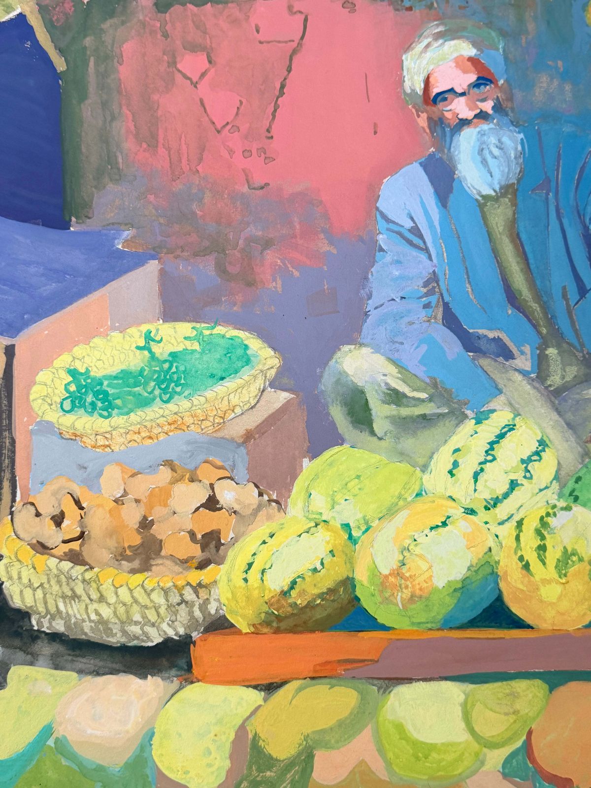 photo furniture Vendeur de pastèques au marché marocain, gouache moderniste française, années 1950