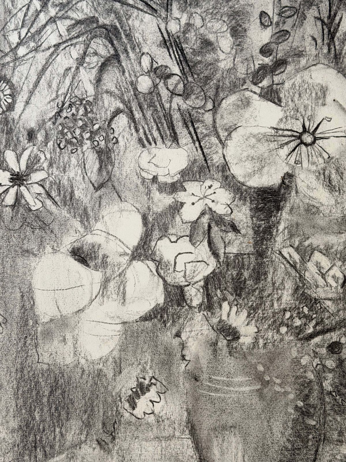 Black & White Still Life Of Flowers French Modernist Charcoal & Pencil Drawing photo 530.0