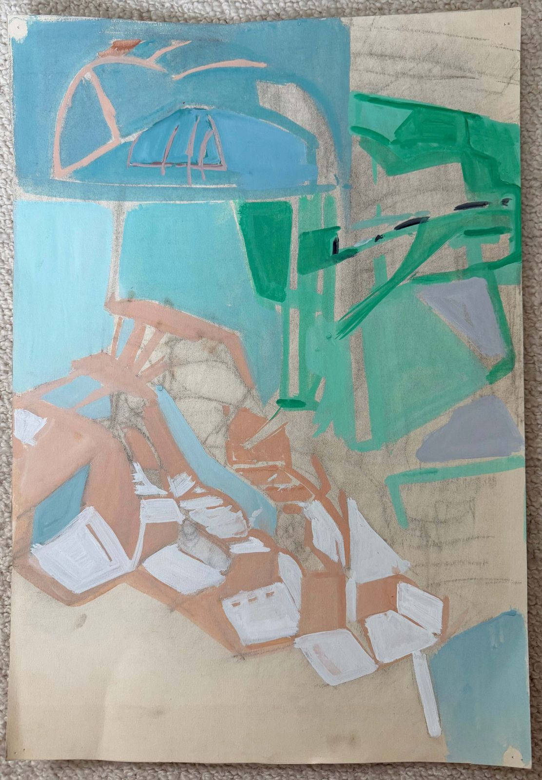 Intérieur abstrait en turquoise et vert, peinture moderniste cubiste française, années 1950 photo furniture