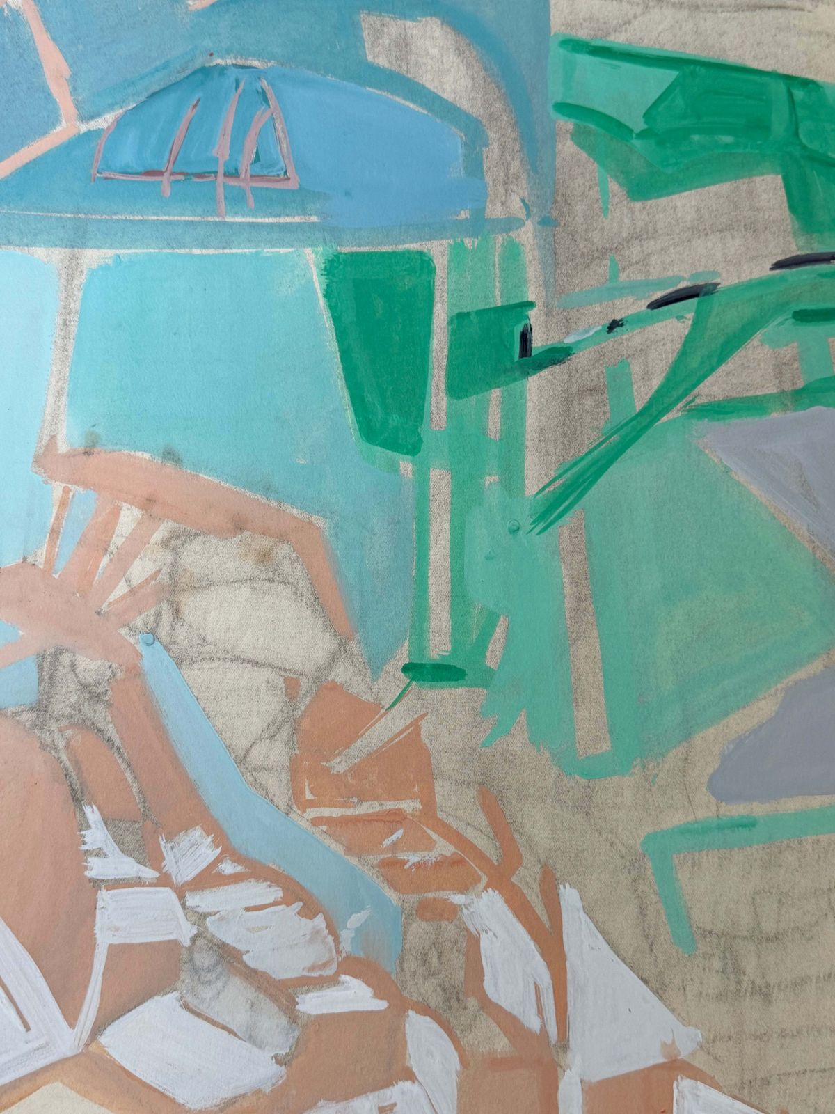 Intérieur abstrait en turquoise et vert, peinture moderniste cubiste française, années 1950 photo for sale