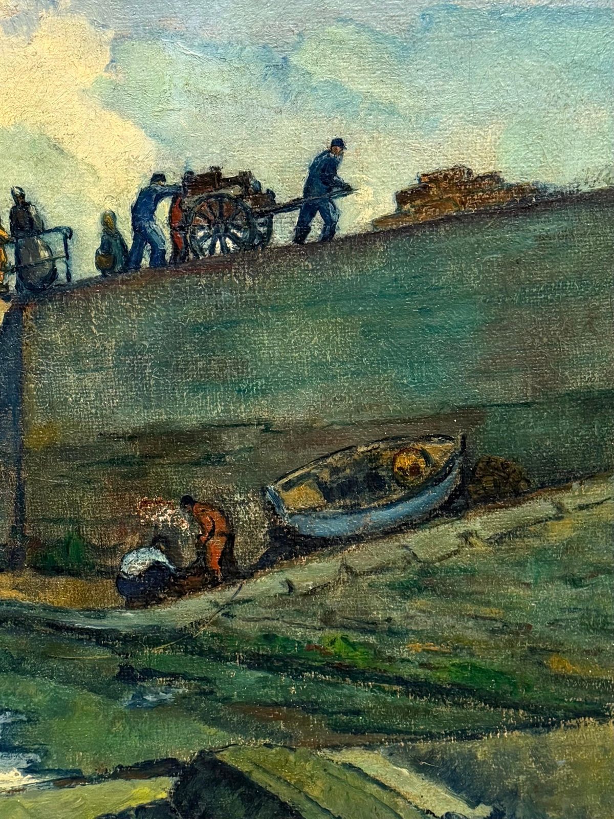Bateaux dans un port avec personnages, paysage côtier français - peinture à l'huile photo Art