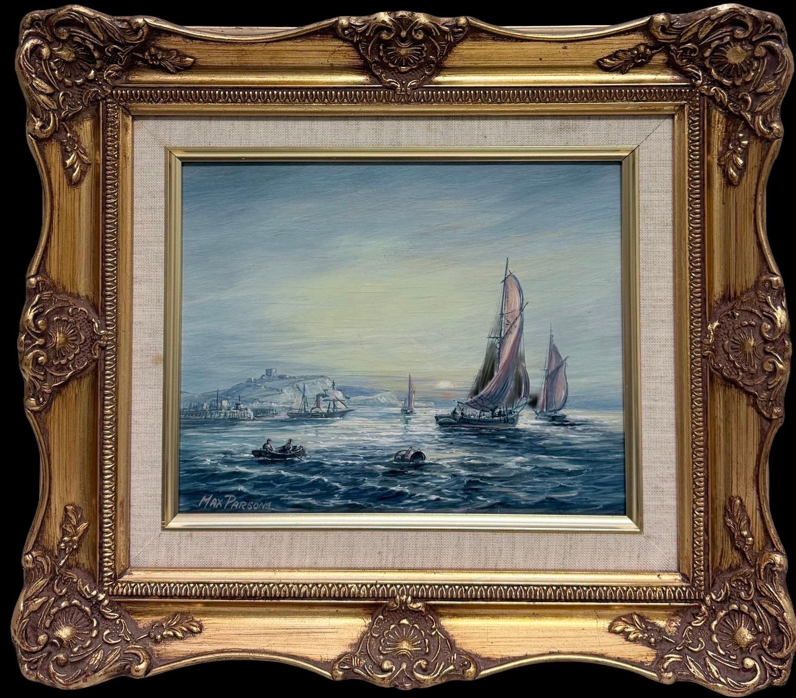 Bateaux de pêche au large de Douvres, peinture marine britannique encadrée, huile sur toile photo furniture
