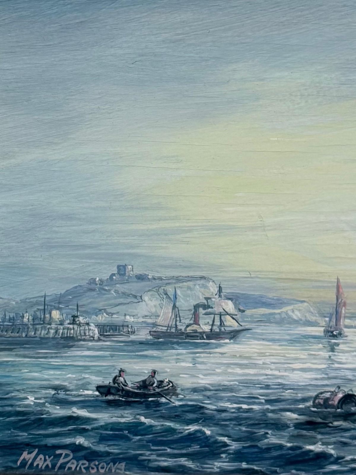 Bateaux de pêche au large de Douvres, peinture marine britannique encadrée, huile sur toile photo Art
