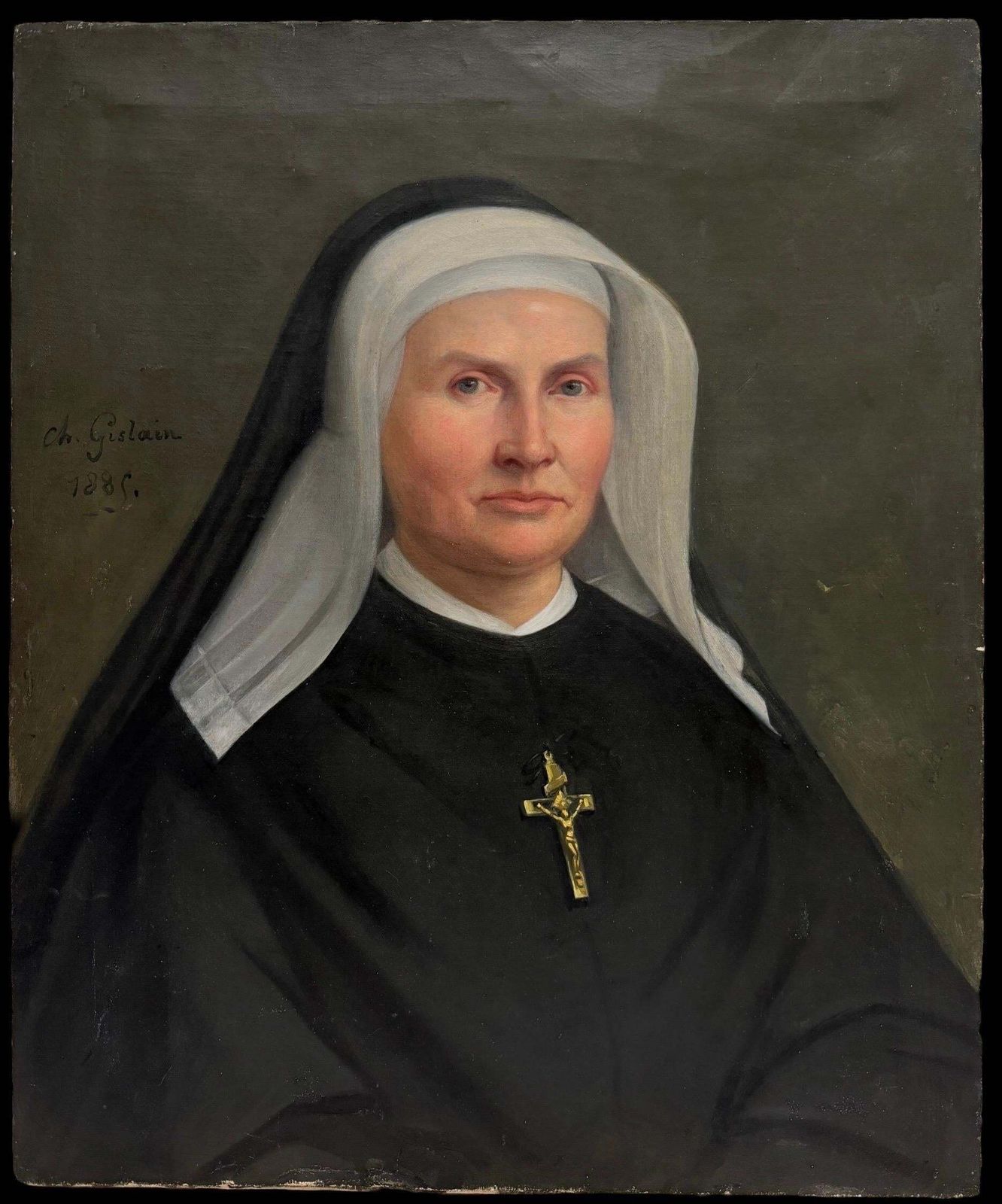 Portrait d'époque d'une religieuse française au crucifix, huile sur toile, daté 1885 photo furniture